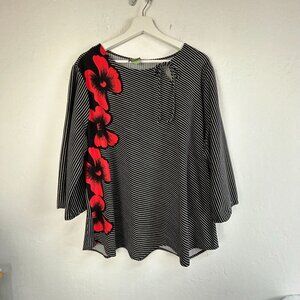 Style Plus California Womens Black White Striped Tunic Red Floral 3/4 Sleeve 44